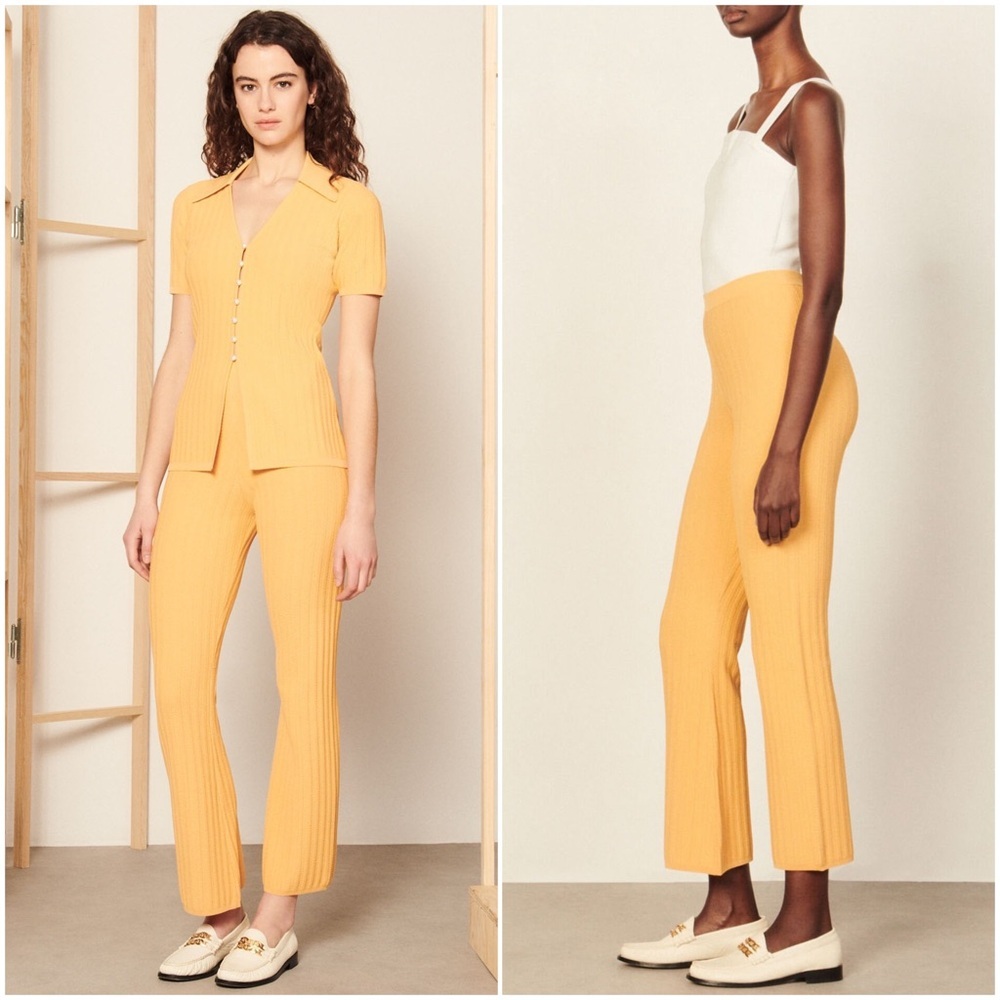 SANDRO Pointelle Trim Rib Knit High Rise Ankle Crop Bootcut Flare Leg Pants‎ M - Picture 6 of 14